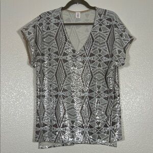 Brown and cream blouse with silver sequins, size 2X